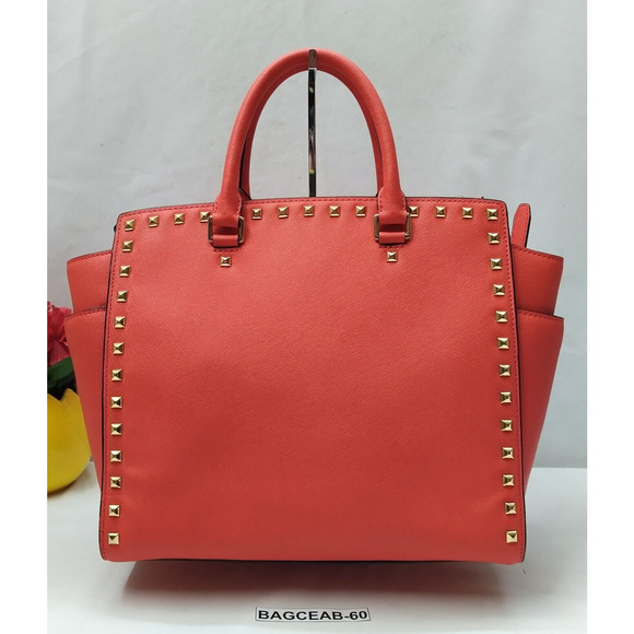Michael Kors Selma Red Saffiano Leather Studded Top Handle Satchel Shoulder Bag - Picture 2 of 16
